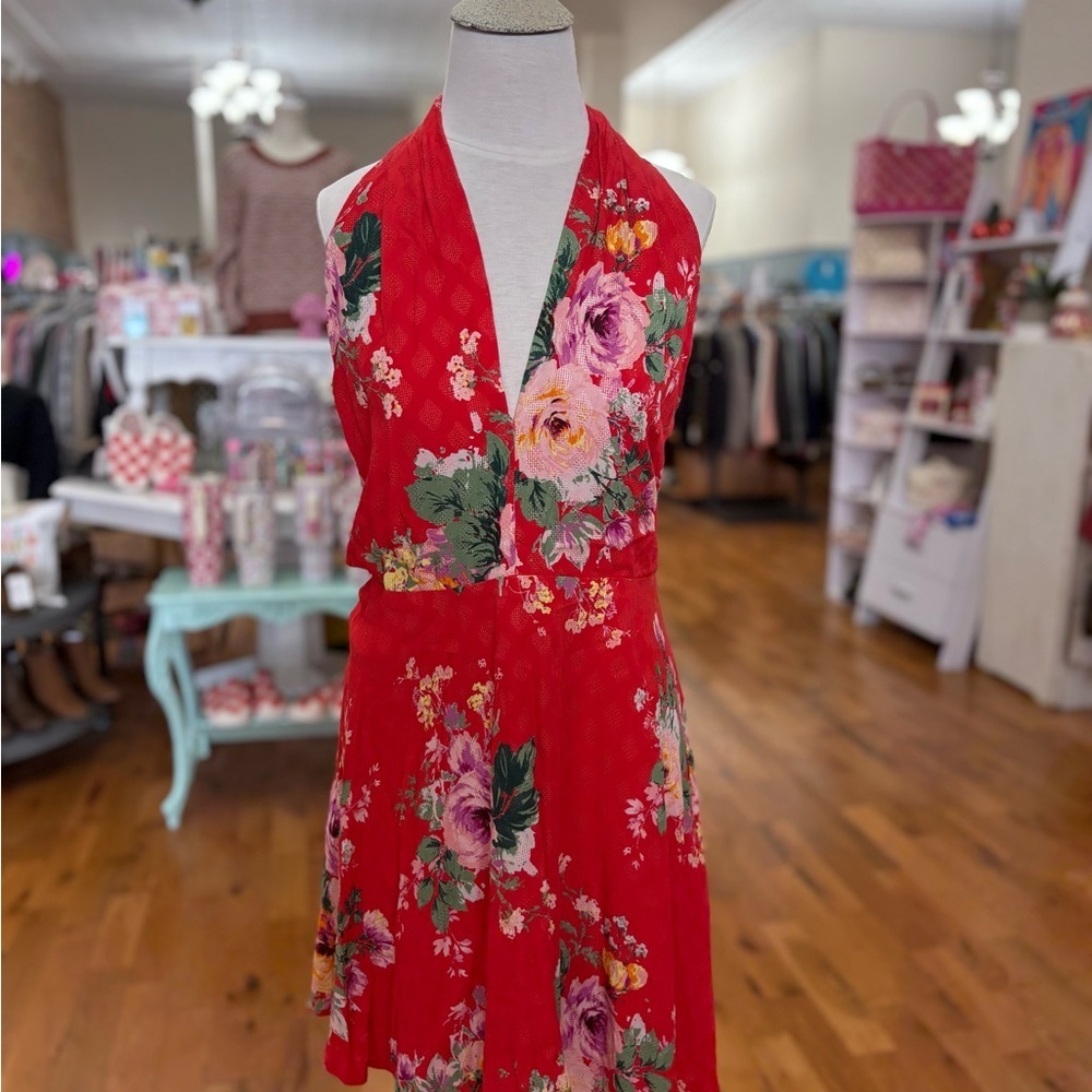 Lulu's Floral Print Halter Dress Red Size XL